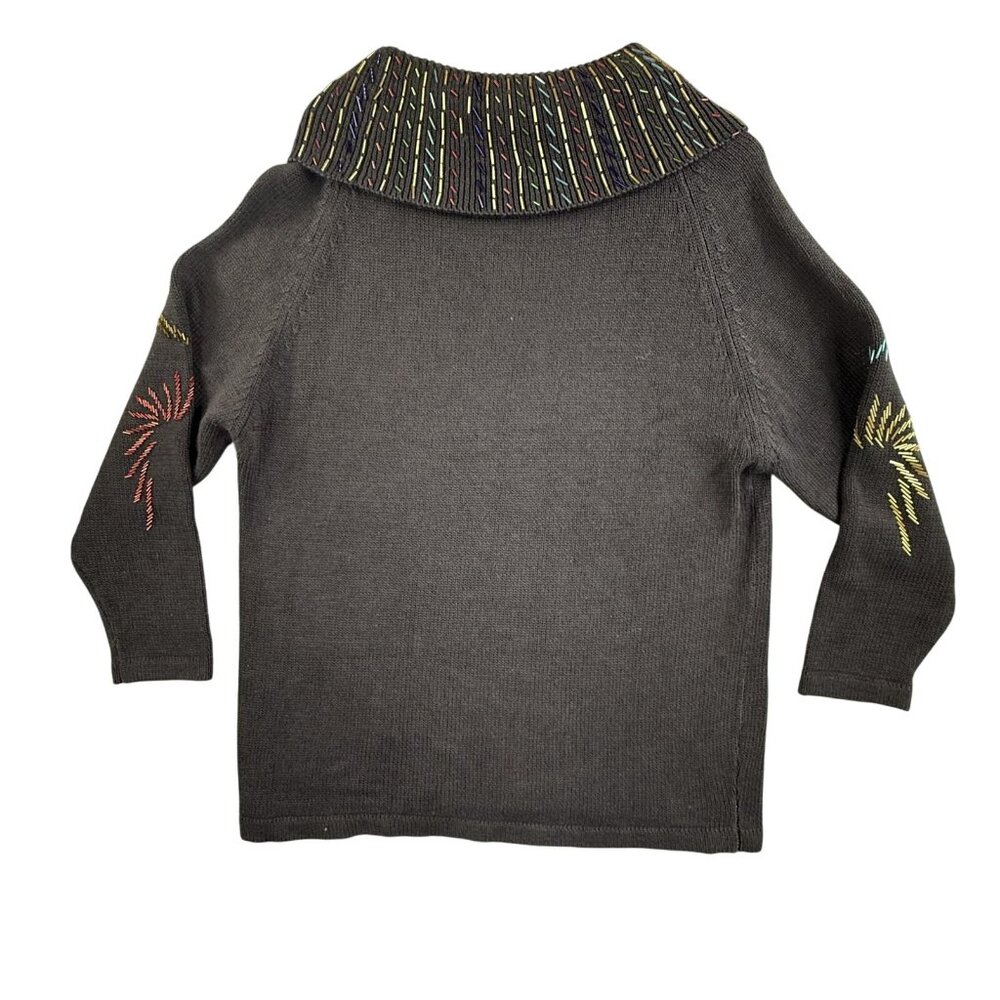 Chelsea Way Sweater Women Medium Black Embroidered Cowl Neck Pullover Tribal Art - Picture 2 of 12